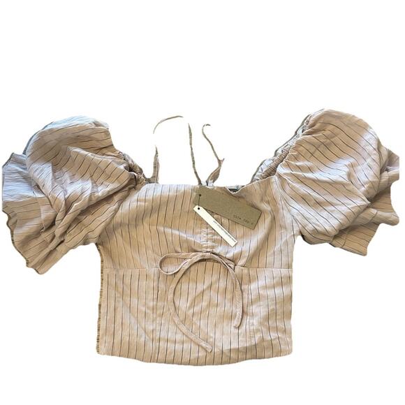 Do & Be Tan Black Stripe Adjustable Puff Sleeve Crop Top‎ Size Small NWT Boho - Picture 1 of 7